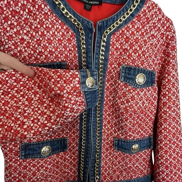 Boston Proper Jacket NWT Red Tweed Denim Trim Gold Chain Buttons Size 12 - Picture 11 of 15